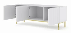 Szafka RTV Ravenna B 150cm 3D, frez MDF folia z ramą, biały mat - nogi metalowe złote - otwarta