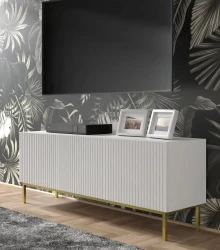 Szafka RTV Ravenna B 150cm 3D, frez MDF folia z ramą, biały mat - nogi metalowe złote - w aranżacji
