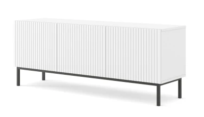 Szafka RTV Ravenna B 150cm 3D, frez MDF folia z ramą, biały mat - nogi metalowe czarne