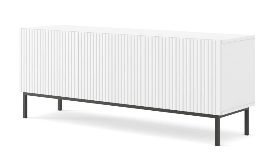 Szafka RTV Ravenna B 150cm 3D, frez MDF folia z ramą, biały mat - nogi metalowe czarne