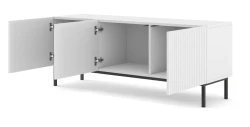 Szafka RTV Ravenna B 150cm 3D, frez MDF folia z ramą, biały mat - nogi metalowe czarne - otwarta