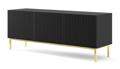 Szafka RTV Ravenna B 150cm 3D, frez MDF folia z ramą, czarny mat - nogi metalowe złote
