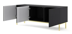 Szafka RTV Ravenna B 150cm 3D, frez MDF folia z ramą, czarny mat - nogi metalowe złote - otwarta