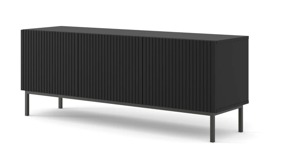 Szafka RTV Ravenna B 150cm 3D, frez MDF folia z ramą, czarny mat - nogi metalowe czarne