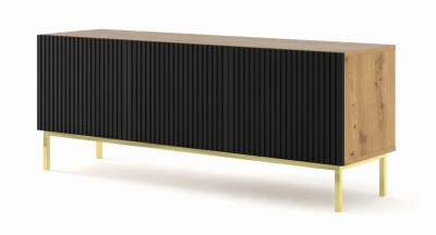 Szafka RTV Ravenna B 150cm 3D, frez MDF folia z ramą, dąb artisan / czarny mat - nogi metalowe złote