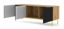 Szafka RTV Ravenna B 150cm 3D, frez MDF folia z ramą, dąb artisan / czarny mat - nogi metalowe złote - otwarta