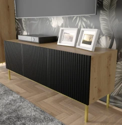 Szafka RTV Ravenna B 150cm 3D, frez MDF folia z ramą, dąb artisan / czarny mat - nogi metalowe złote - w aranżacji