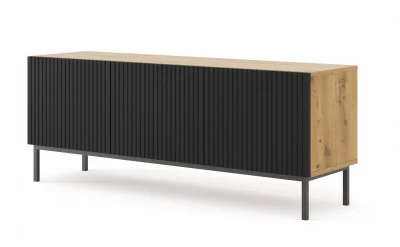 Szafka RTV Ravenna B 150cm 3D, frez MDF folia z ramą, dąb artisan / czarny mat - nogi metalowe czarne