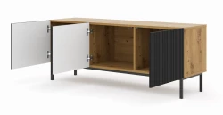 Szafka RTV Ravenna B 150cm 3D, frez MDF folia z ramą, dąb artisan / czarny mat - nogi metalowe czarne - otwarta