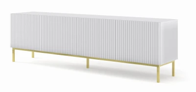 Szafka RTV Ravenna B 200cm 4D, frez MDF folia z ramą, biały mat - nogi metalowe złote