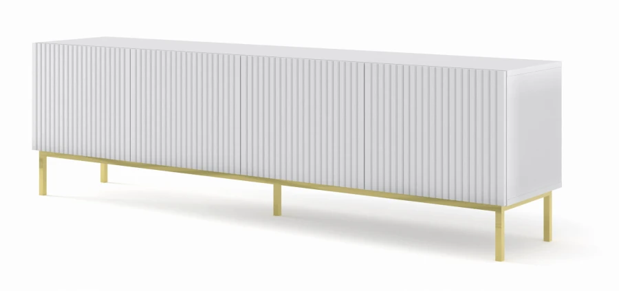 Szafka RTV Ravenna B 200cm 4D, frez MDF folia z ramą, biały mat - nogi metalowe złote
