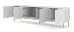 Szafka RTV Ravenna B 200cm 4D, frez MDF folia z ramą, biały mat - nogi metalowe złote - otwarta