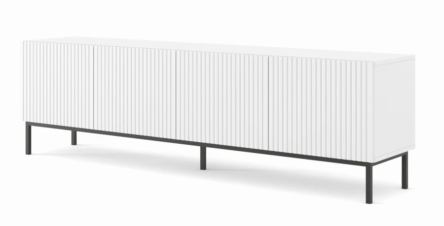 Szafka RTV Ravenna B 200cm 4D, frez MDF folia z ramą, biały mat - nogi metalowe czarne