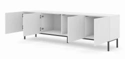 Szafka RTV Ravenna B 200cm 4D, frez MDF folia z ramą, biały mat - nogi metalowe czarne - otwarta