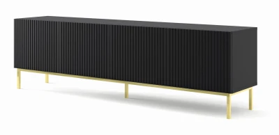 Szafka RTV Ravenna B 200cm 4D, frez MDF folia z ramą, czarny mat - nogi metalowe złote