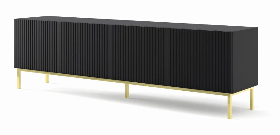 Szafka RTV Ravenna B 200cm 4D, frez MDF folia z ramą, czarny mat - nogi metalowe złote