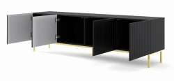 Szafka RTV Ravenna B 200cm 4D, frez MDF folia z ramą, czarny mat - nogi metalowe złote - otwarta