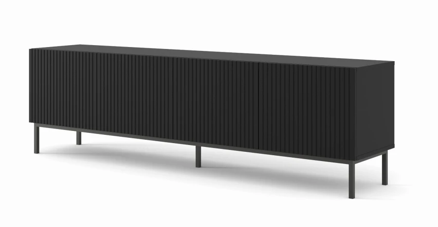 Szafka RTV Ravenna B 200cm 4D, frez MDF folia z ramą, czarny mat - nogi metalowe czarne