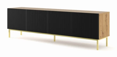 Szafka RTV Ravenna B 200cm 4D, frez MDF folia z ramą, dąb artisan / czarny mat - nogi metalowe złote