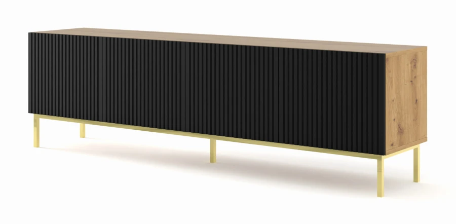 Szafka RTV Ravenna B 200cm 4D, frez MDF folia z ramą, dąb artisan / czarny mat - nogi metalowe złote