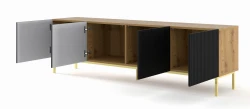 Szafka RTV Ravenna B 200cm 4D, frez MDF folia z ramą, dąb artisan / czarny mat - nogi metalowe złote - otwarta