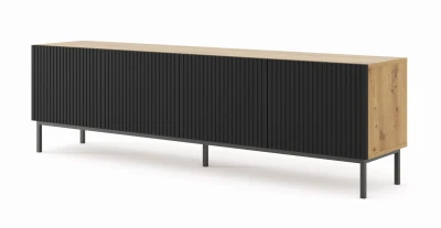 Szafka RTV Ravenna B 200cm 4D, frez MDF folia z ramą, dąb artisan / czarny mat - nogi metalowe czarne