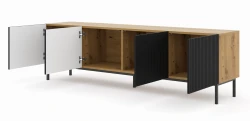 Szafka RTV Ravenna B 200cm 4D, frez MDF folia z ramą, dąb artisan / czarny mat - nogi metalowe czarne - otwarta