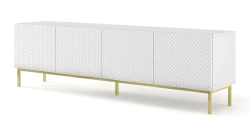 Szafka RTV Ravenna C 200cm 4D, frez MDF Diament z ramą, biały mat / biały połysk - nogi metalowe złote