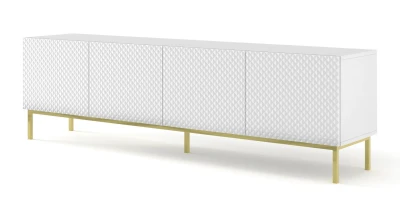 Szafka RTV Ravenna C 200cm 4D, frez MDF Diament z ramą, biały mat / biały połysk - nogi metalowe złote