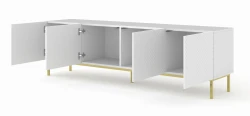 Szafka RTV Ravenna C 200cm 4D, frez MDF Diament z ramą, biały mat / biały połysk - nogi metalowe złote - otwarta