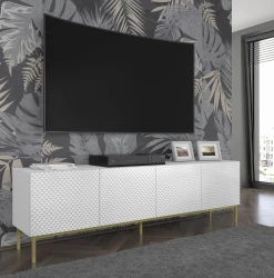 Szafka RTV Ravenna C 200cm 4D, frez MDF Diament z ramą, biały mat / biały połysk - nogi metalowe złote - w aranżacji