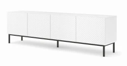 Szafka RTV Ravenna C 200cm 4D, frez MDF Diament z ramą, biały mat / biały połysk - nogi metalowe czarne