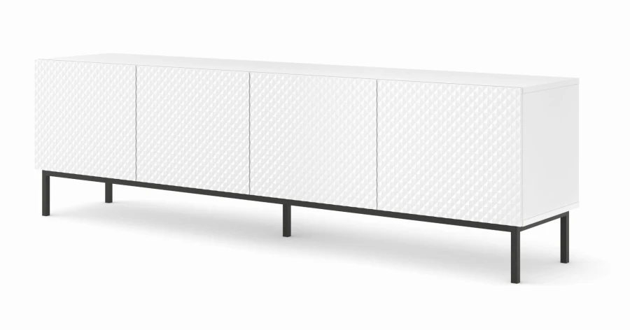Szafka RTV Ravenna C 200cm 4D, frez MDF Diament z ramą, biały mat / biały połysk - nogi metalowe czarne
