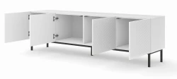 Szafka RTV Ravenna C 200cm 4D, frez MDF Diament z ramą, biały mat / biały połysk - nogi metalowe czarne - otwarta