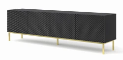 Szafka RTV Ravenna C 200cm 4D, frez MDF Diament z ramą, czarny mat / czarny połysk - nogi metalowe złote