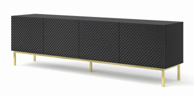 Szafka RTV Ravenna C 200cm 4D, frez MDF Diament z ramą, czarny mat / czarny połysk - nogi metalowe złote