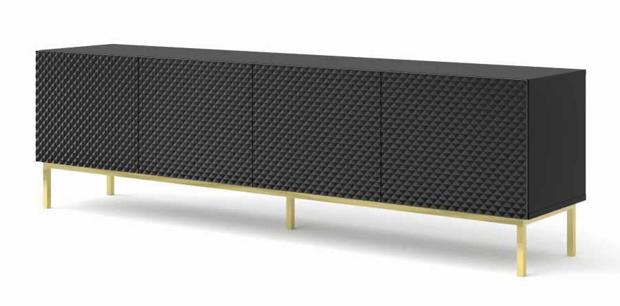 Szafka RTV Ravenna C 200cm 4D, frez MDF Diament z ramą, czarny mat / czarny połysk - nogi metalowe złote