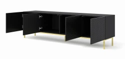 Szafka RTV Ravenna C 200cm 4D, frez MDF Diament z ramą, czarny mat / czarny połysk - nogi metalowe złote - otwarta