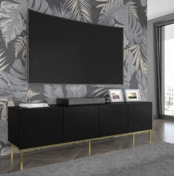 Szafka RTV Ravenna C 200cm 4D, frez MDF Diament z ramą, czarny mat / czarny połysk - nogi metalowe złote - w aranżacji