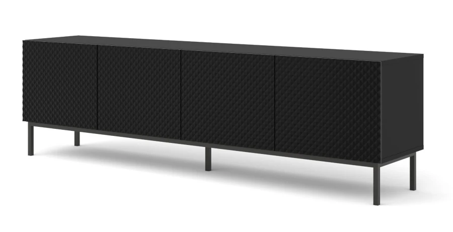 Szafka RTV Ravenna C 200cm 4D, frez MDF Diament z ramą, czarny mat / czarny połysk - nogi metalowe czarne
