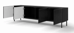 Szafka RTV Ravenna C 200cm 4D, frez MDF Diament z ramą, czarny mat / czarny połysk - nogi metalowe czarne - otwarta