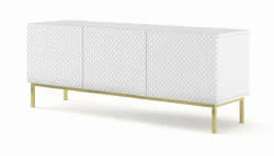 Szafka RTV Ravenna C 150cm 3D, frez MDF Diament z ramą, biały mat / biały połysk - nogi metalowe złote