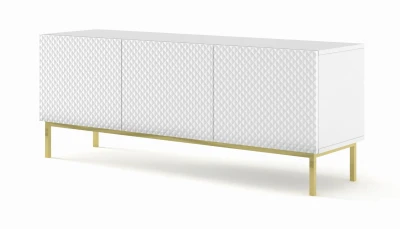 Szafka RTV Ravenna C 150cm 3D, frez MDF Diament z ramą, biały mat / biały połysk - nogi metalowe złote