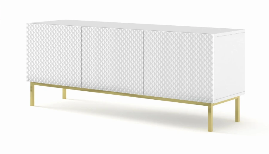 Szafka RTV Ravenna C 150cm 3D, frez MDF Diament z ramą, biały mat / biały połysk - nogi metalowe złote