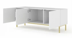 Szafka RTV Ravenna C 150cm 3D, frez MDF Diament z ramą, biały mat / biały połysk - nogi metalowe złote - otwarta