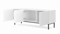 Szafka RTV Ravenna C 150cm 3D, frez MDF Diament z ramą, biały mat / biały połysk - nogi metalowe czarne - otwarta
