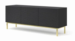 Szafka RTV Ravenna C 150cm 3D, frez MDF Diament z ramą, czarny mat / czarny połysk - nogi metalowe złote