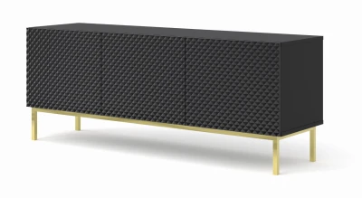Szafka RTV Ravenna C 150cm 3D, frez MDF Diament z ramą, czarny mat / czarny połysk - nogi metalowe złote