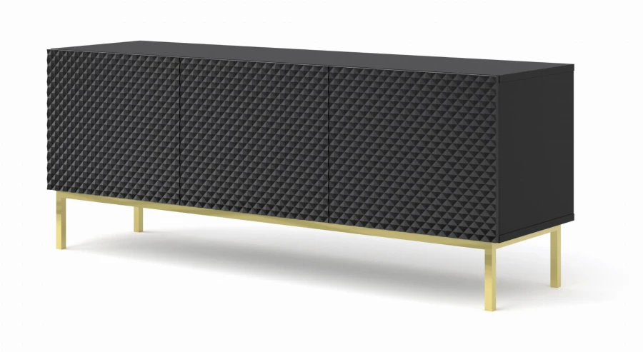 Szafka RTV Ravenna C 150cm 3D, frez MDF Diament z ramą, czarny mat / czarny połysk - nogi metalowe złote
