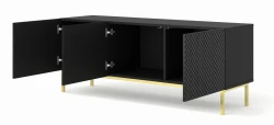 Szafka RTV Ravenna C 150cm 3D, frez MDF Diament z ramą, czarny mat / czarny połysk - nogi metalowe złote - otwarta
